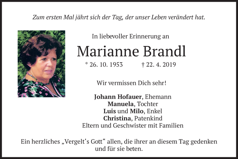 Traueranzeige für Marianne Brandl vom 22.04.2020 aus merkurtz