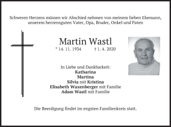 Traueranzeige von Martin Wastl von merkurtz