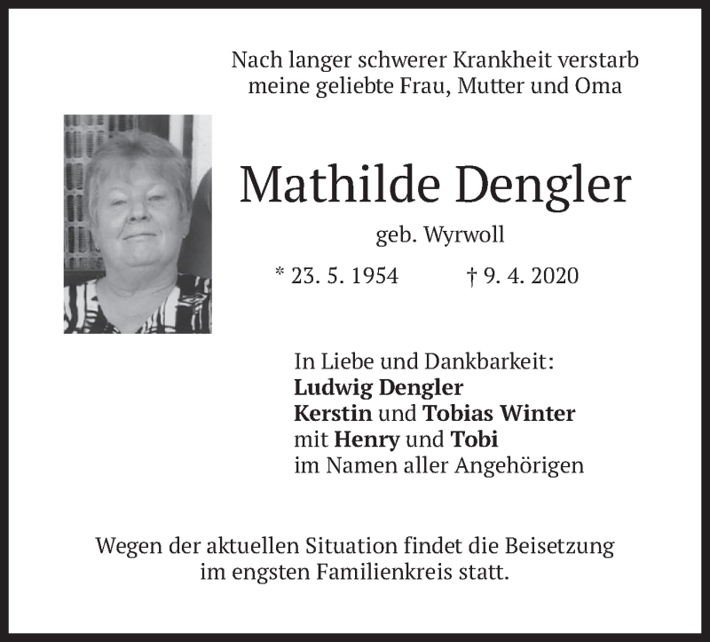  Traueranzeige für Mathilde Dengler vom 22.04.2020 aus merkurtz