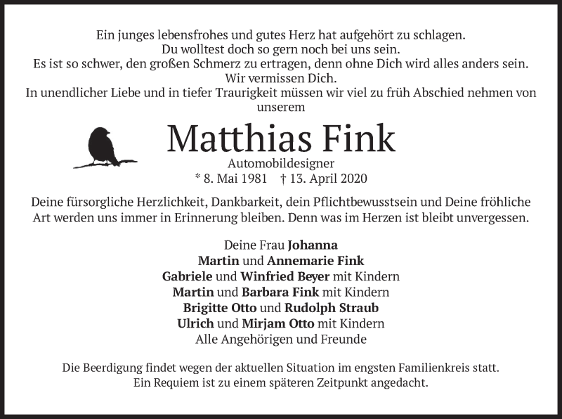  Traueranzeige für Matthias Fink vom 18.04.2020 aus merkurtz