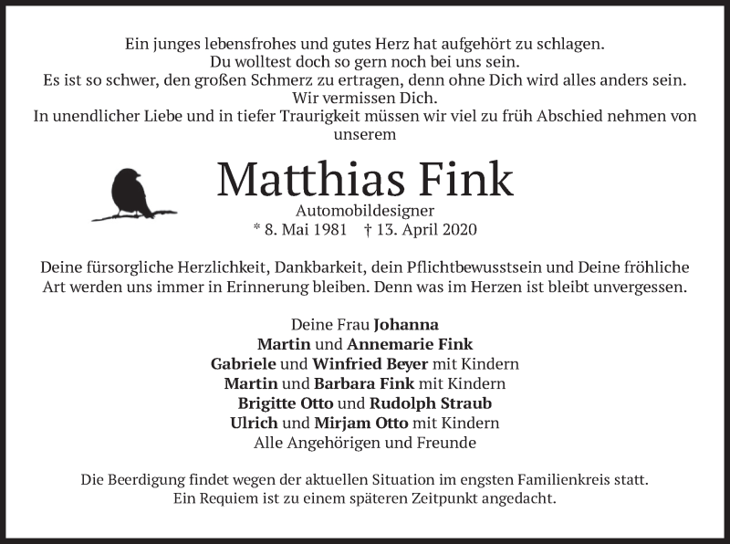  Traueranzeige für Matthias Fink vom 17.04.2020 aus merkurtz