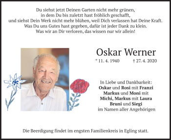 Traueranzeige von Oskar Werner von merkurtz