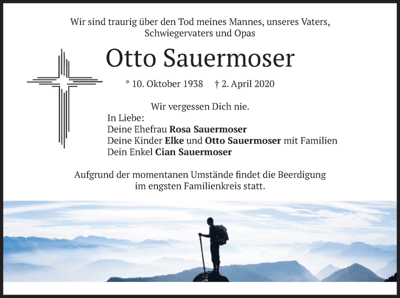  Traueranzeige für Otto Sauermoser vom 04.04.2020 aus merkurtz