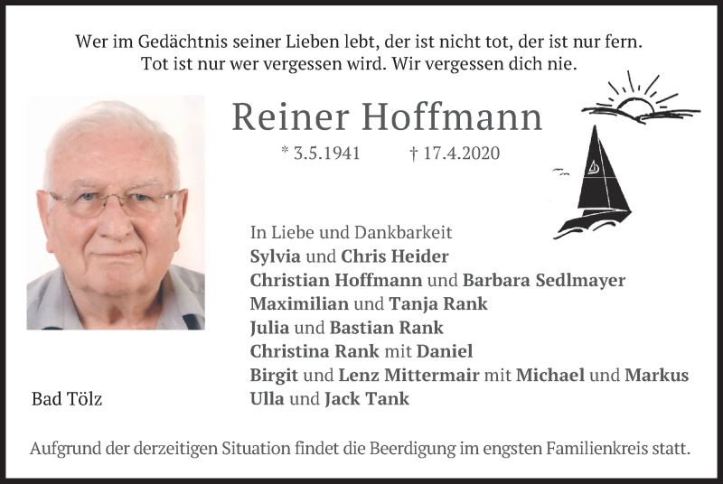  Traueranzeige für Reiner Hoffmann vom 21.04.2020 aus merkurtz
