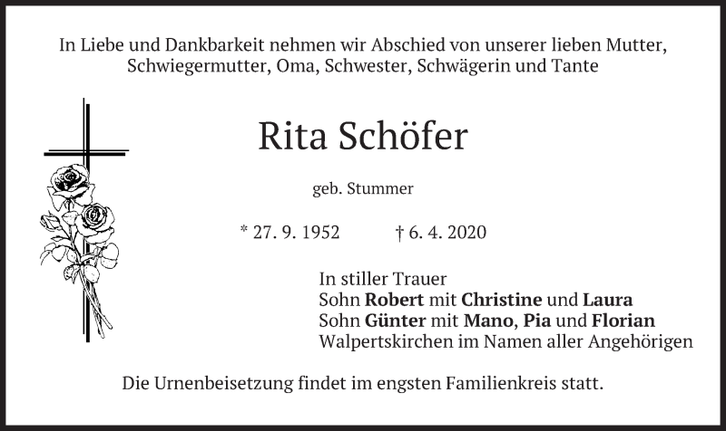  Traueranzeige für Rita Schöfer vom 08.04.2020 aus merkurtz