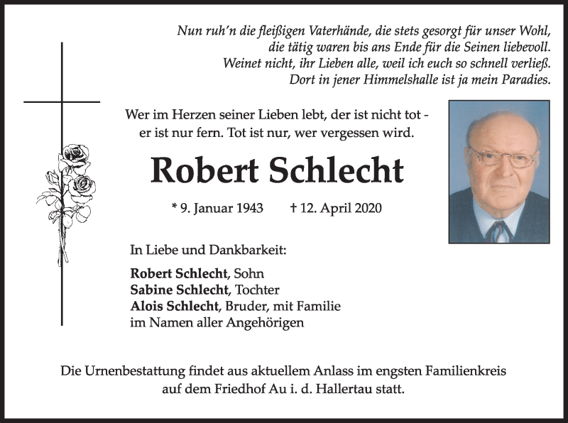  Traueranzeige für Robert Schlecht vom 15.04.2020 aus merkurtz