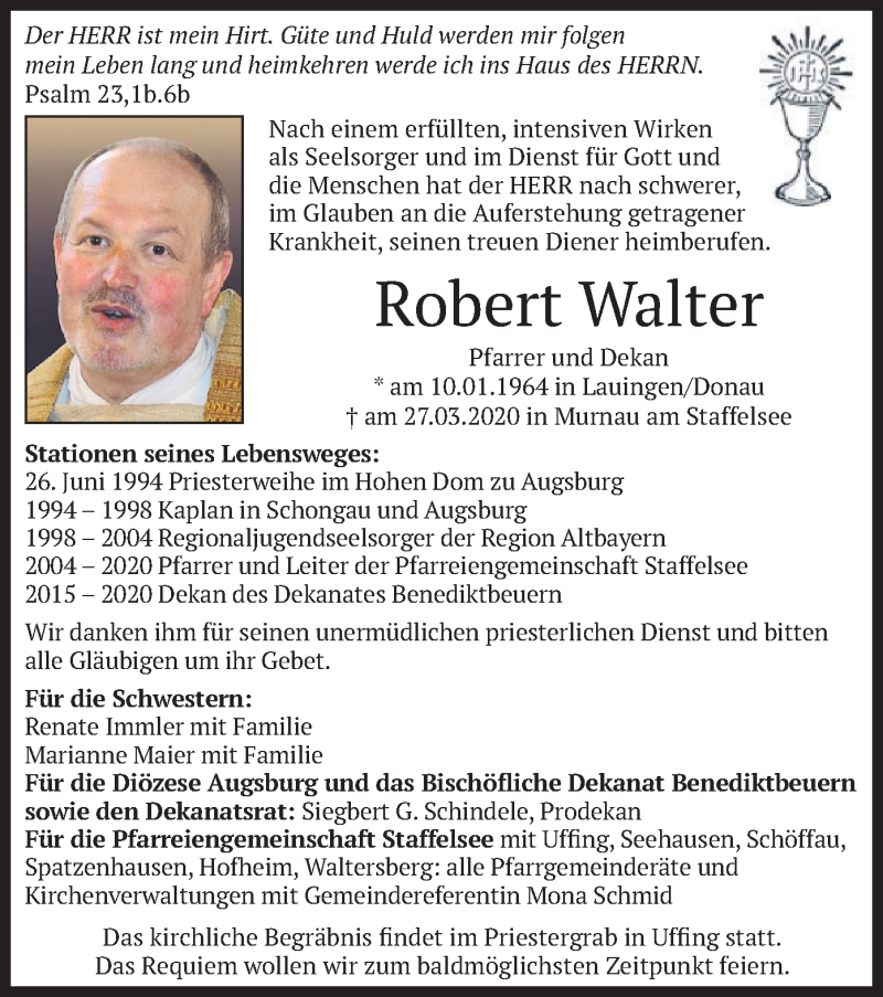  Traueranzeige für Robert Walter vom 01.04.2020 aus merkurtz