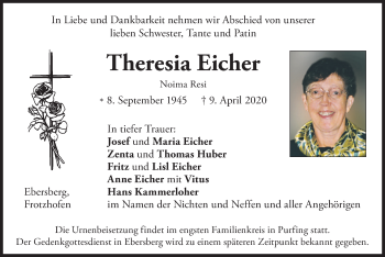 Traueranzeige von Theresia Eicher