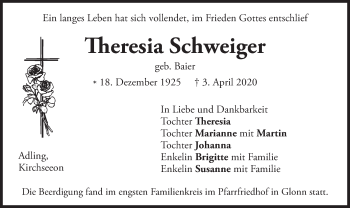 Traueranzeige von Theresia Schweiger