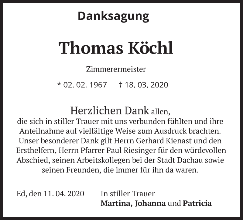  Traueranzeige für Thomas Köchl vom 11.04.2020 aus merkurtz