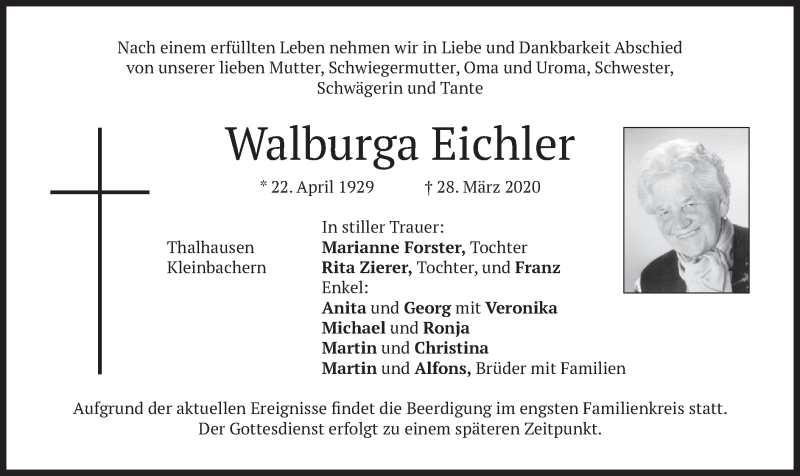  Traueranzeige für Walburga Eichler vom 01.04.2020 aus merkurtz