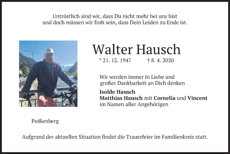  Traueranzeige für Walter Hausch vom 11.04.2020 aus merkurtz