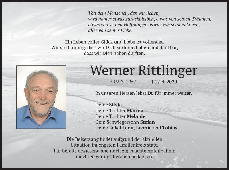  Traueranzeige für Werner Rittlinger vom 25.04.2020 aus merkurtz