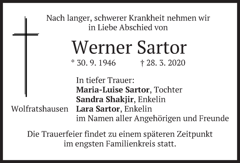  Traueranzeige für Werner Sartor vom 01.04.2020 aus merkurtz