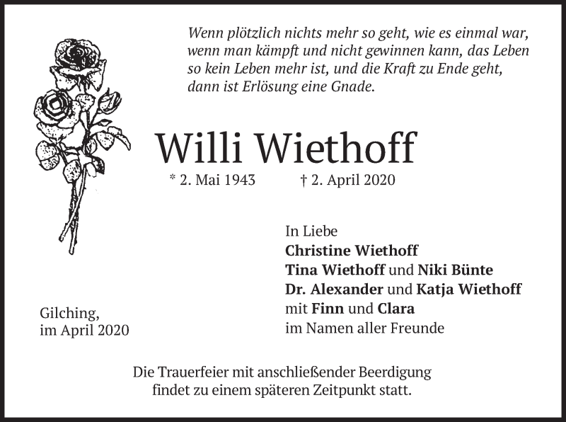  Traueranzeige für Willi Wiethoff vom 04.04.2020 aus merkurtz