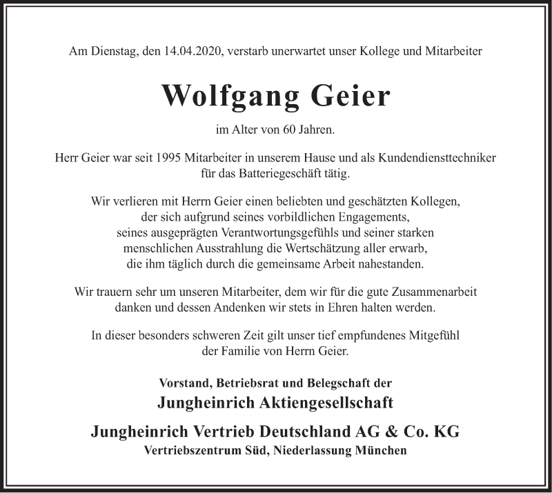  Traueranzeige für Wolfgang Geier vom 18.04.2020 aus merkurtz