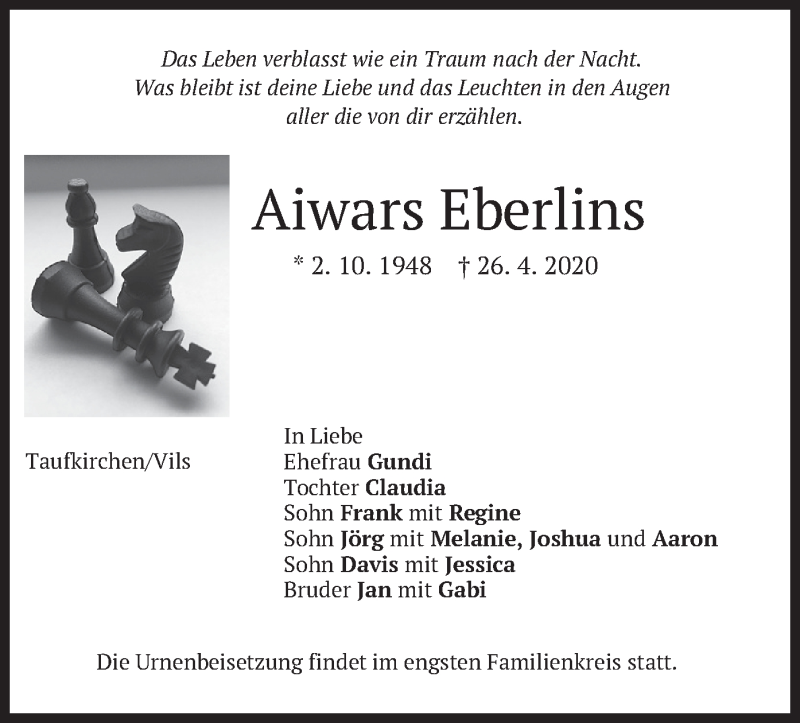  Traueranzeige für Aiwars Eberlins vom 09.05.2020 aus merkurtz