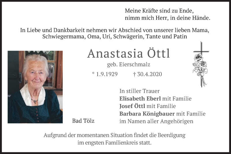  Traueranzeige für Anastasia Öttl vom 05.05.2020 aus merkurtz