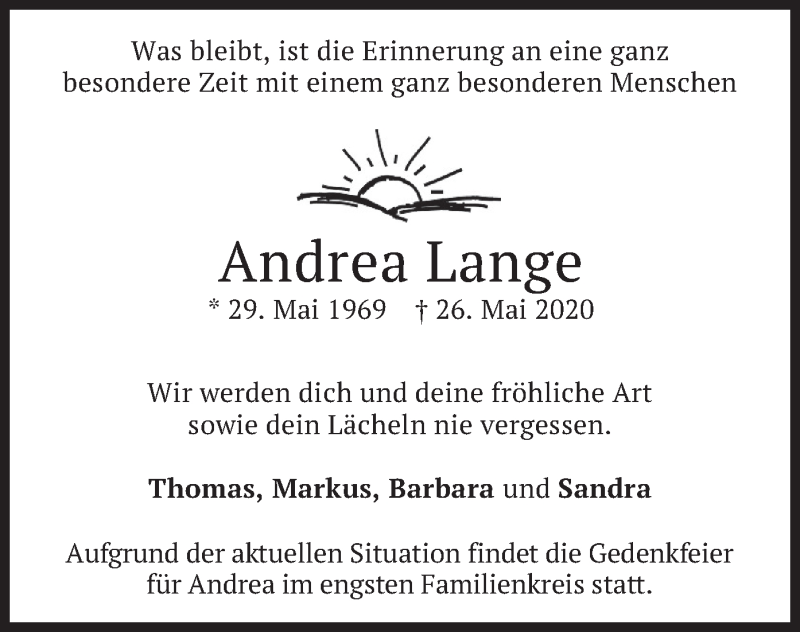  Traueranzeige für Andrea Lange vom 30.05.2020 aus merkurtz