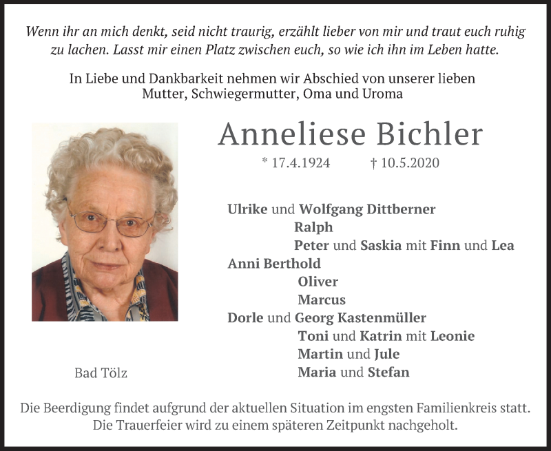  Traueranzeige für Anneliese Bichler vom 13.05.2020 aus merkurtz
