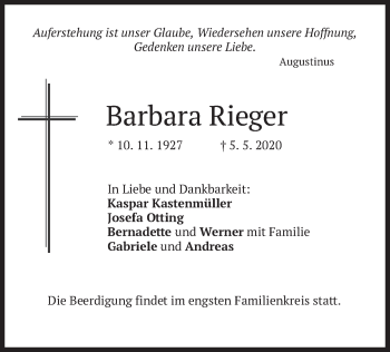 Traueranzeige von Barbara Rieger von merkurtz