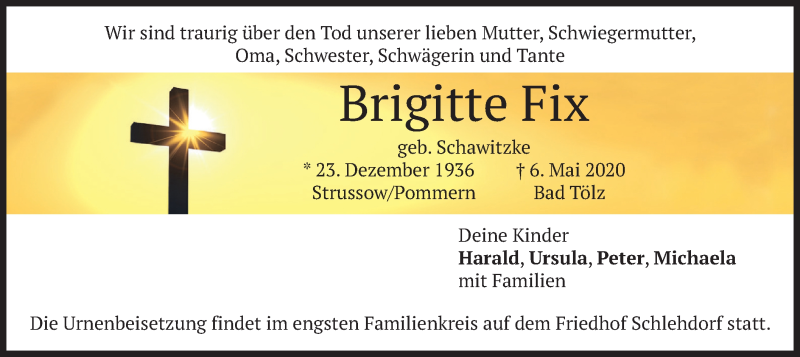  Traueranzeige für Brigitte Fix vom 14.05.2020 aus merkurtz