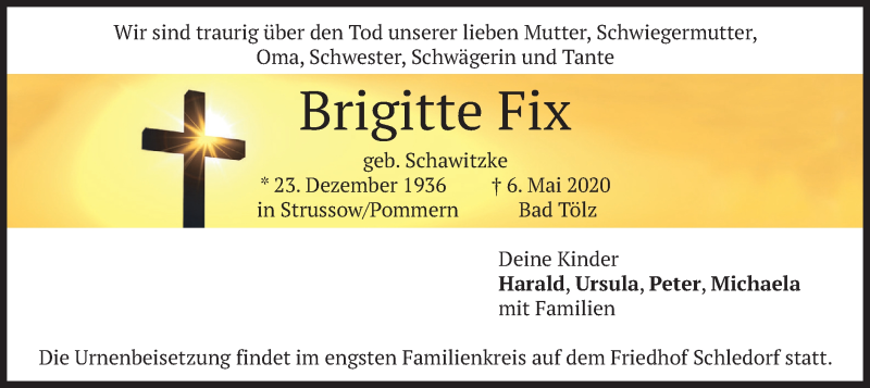  Traueranzeige für Brigitte Fix vom 13.05.2020 aus merkurtz