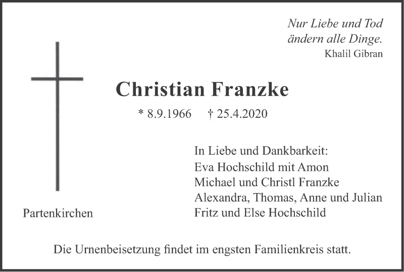  Traueranzeige für Christian Franzke vom 02.05.2020 aus merkurtz