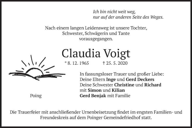  Traueranzeige für Claudia Voigt vom 30.05.2020 aus merkurtz