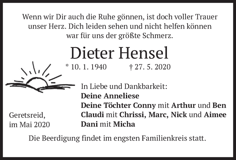  Traueranzeige für Dieter Hensel vom 30.05.2020 aus merkurtz