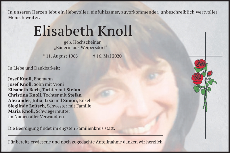  Traueranzeige für Elisabeth Knoll vom 20.05.2020 aus merkurtz