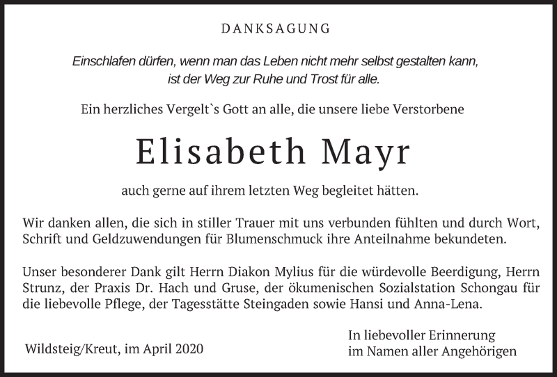  Traueranzeige für Elisabeth Mayr vom 02.05.2020 aus merkurtz