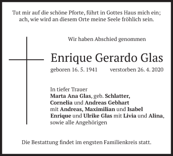 Traueranzeige von Enrique Gerardo Glas von merkurtz