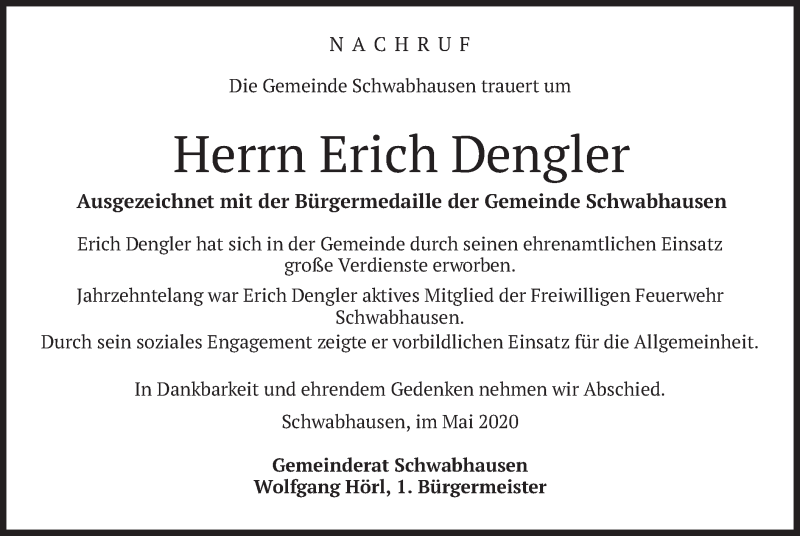  Traueranzeige für Erich Dengler vom 16.05.2020 aus merkurtz