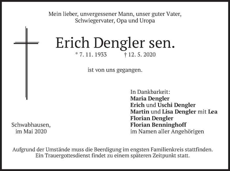  Traueranzeige für Erich Dengler vom 16.05.2020 aus merkurtz