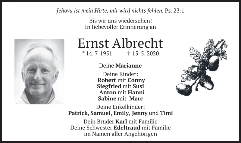  Traueranzeige für Ernst Albrecht vom 23.05.2020 aus merkurtz