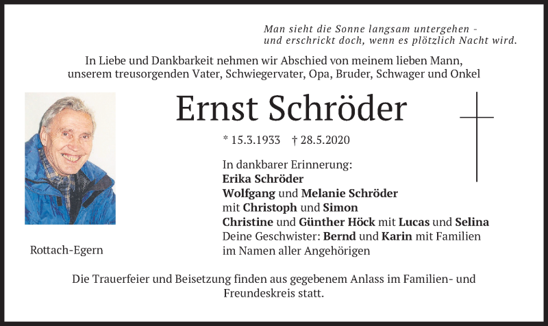  Traueranzeige für Ernst Schröder vom 30.05.2020 aus merkurtz