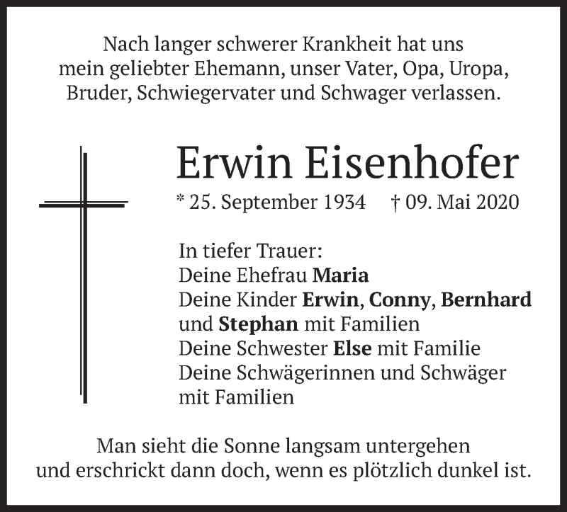 Traueranzeige für Erwin Eisenhofer vom 13.05.2020 aus merkurtz