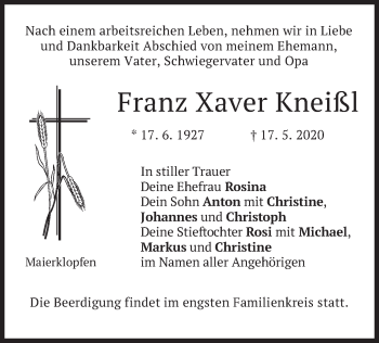 Traueranzeige von Franz Xaver Kneißl von merkurtz