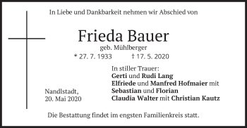Traueranzeige von Frieda Bauer von merkurtz