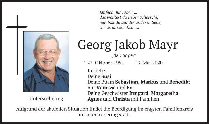  Traueranzeige für Georg Jakob Mayr vom 13.05.2020 aus merkurtz