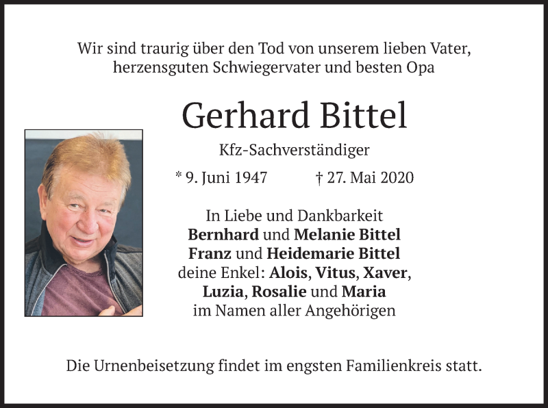  Traueranzeige für Gerhard Bittel vom 30.05.2020 aus merkurtz