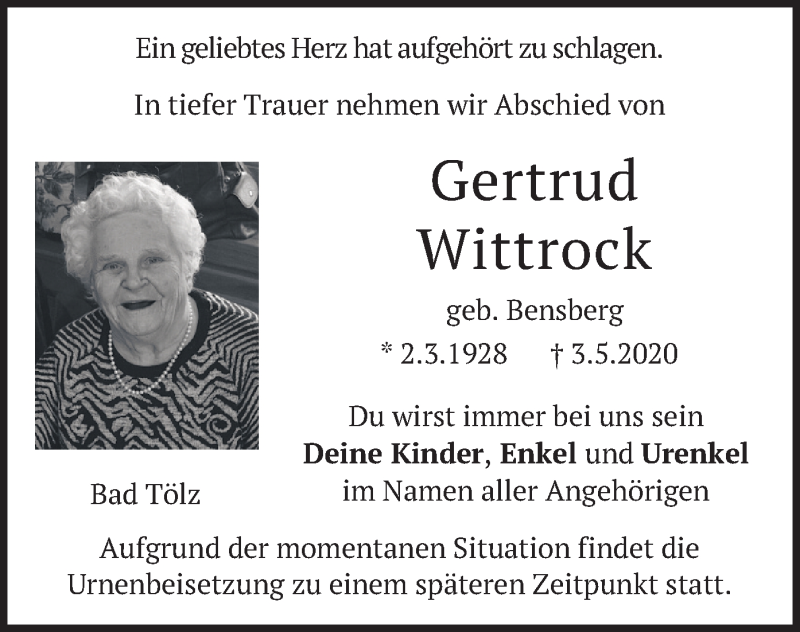  Traueranzeige für Gertrud Wittrock vom 09.05.2020 aus merkurtz