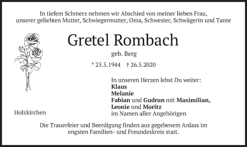  Traueranzeige für Gretel Rombach vom 30.05.2020 aus merkurtz