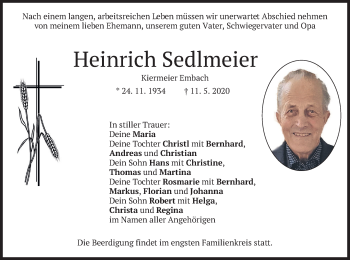 Traueranzeige von Heinrich Sedlmeier von merkurtz