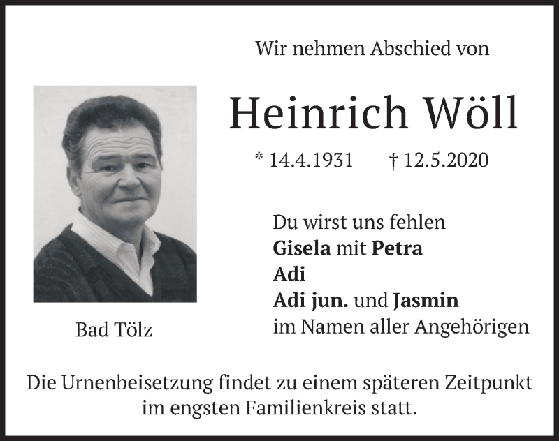  Traueranzeige für Heinrich Wöll vom 16.05.2020 aus merkurtz