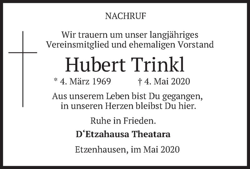  Traueranzeige für Hubert Trinkl vom 08.05.2020 aus merkurtz