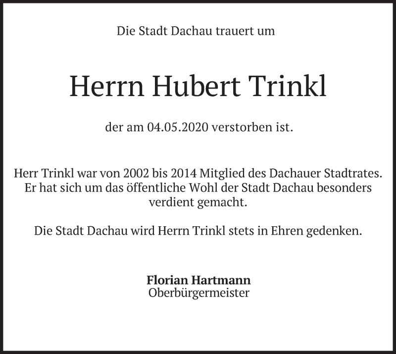  Traueranzeige für Hubert Trinkl vom 09.05.2020 aus merkurtz