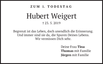 Traueranzeige von Hubert Weigert von merkurtz