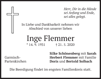 Traueranzeige von Inge Flemmer von merkurtz